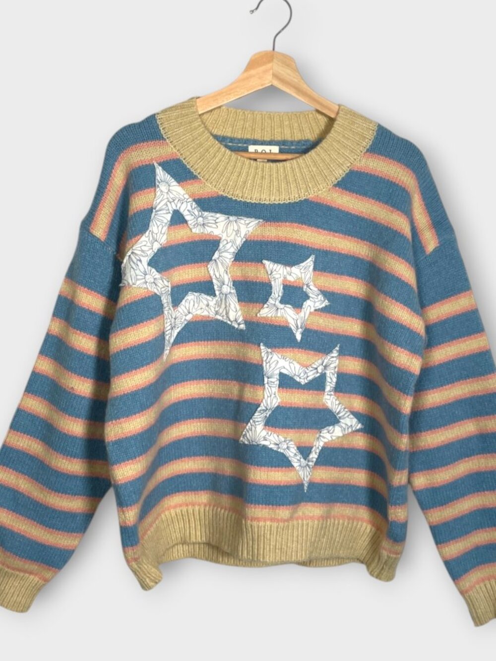 POL Striped Star Patch Sweater Blue Pink Medium Crew Neck